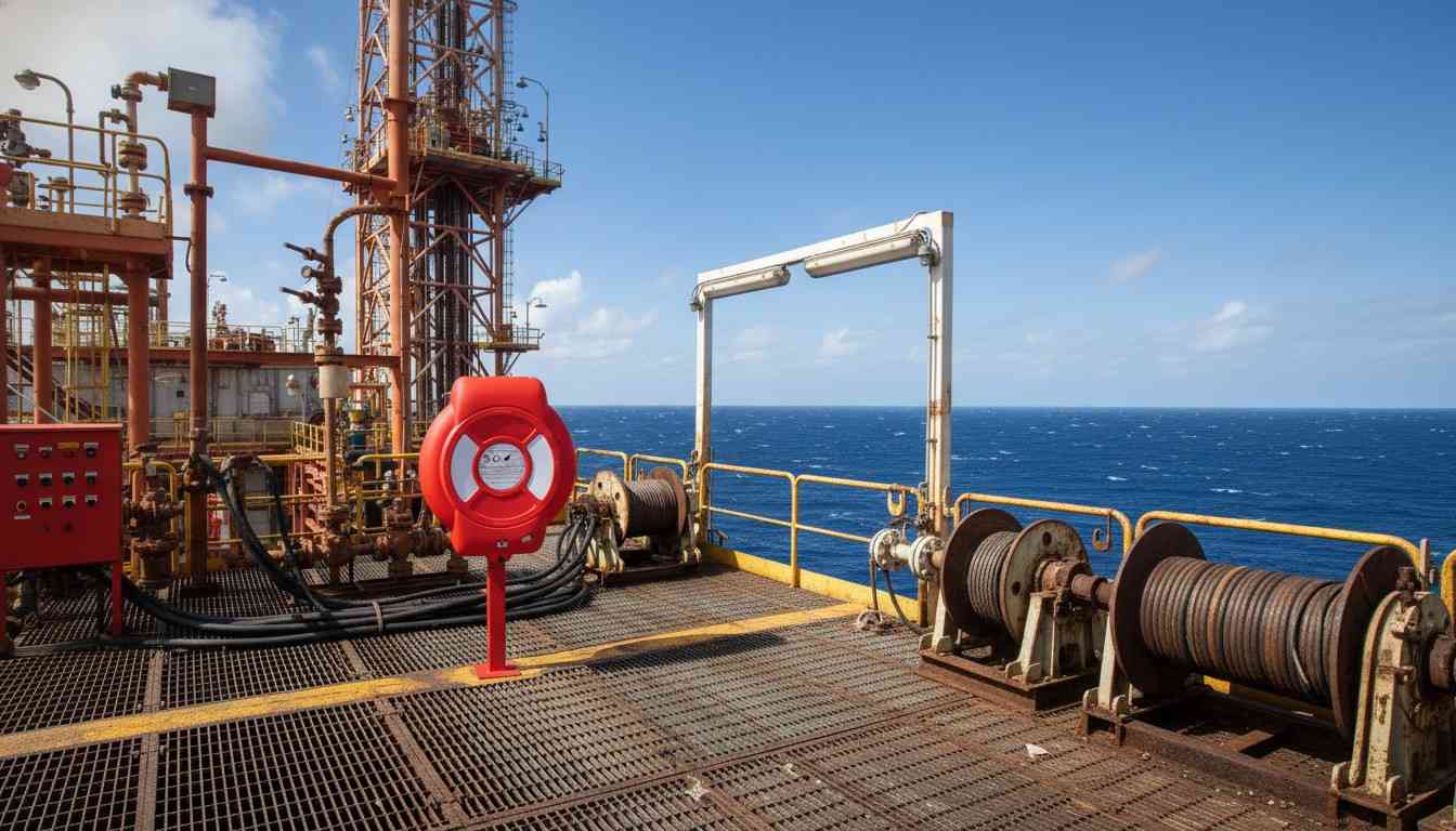 Commercial lifebuoy ring housing on offshore oil and gas platform, marine water safety equipment for industrial workers.